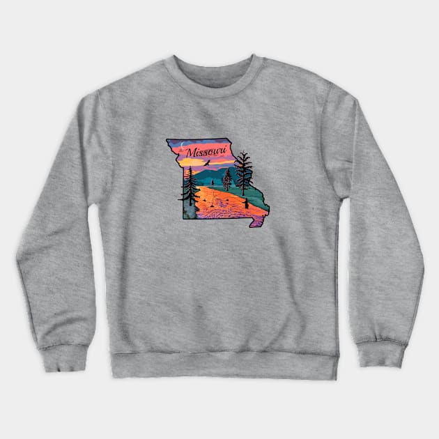 Fly Fishing Missouri State Map Mountain Sunset River Retro Crewneck Sweatshirt by TeeCreations